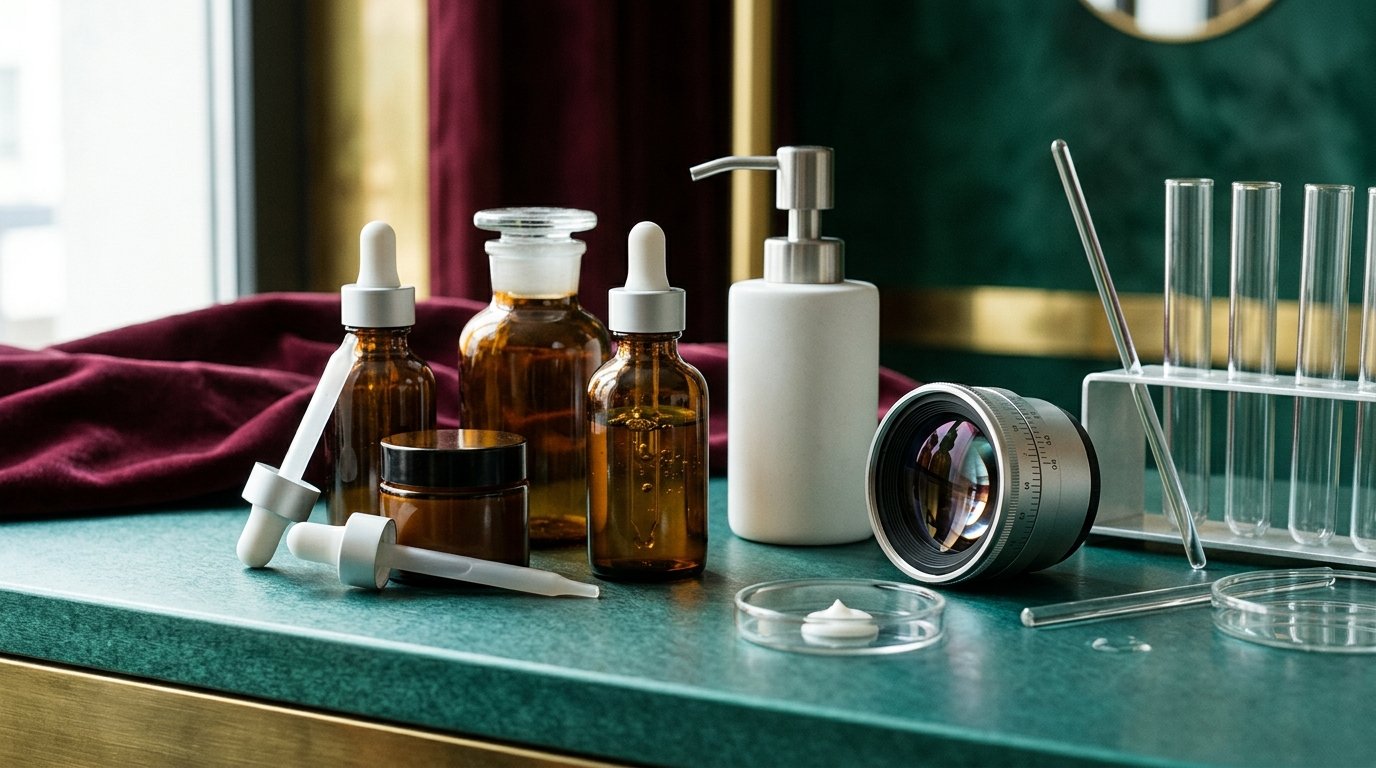 Unbranded skin care serums and professional skin analysis for acne-prone skin, clinical editorial