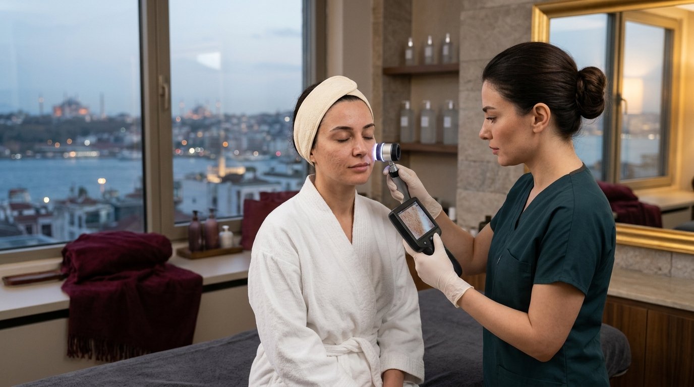 Professional facial assessment for dry and dehydrated skin before treatment