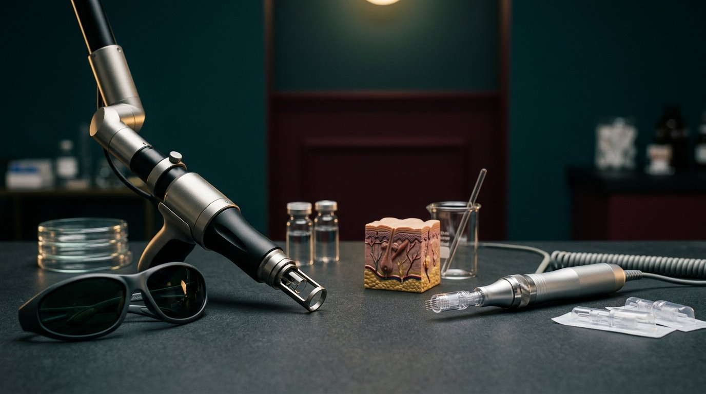 Professional fractional CO2 laser device and sterile microneedling technology pictured for acne scar comparison