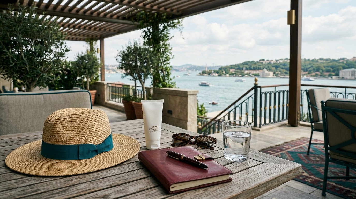 Istanbul skin-care recovery travel planning with shaded Bosphorus terrace and protective essentials