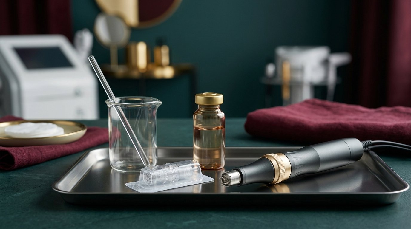 Professional microneedling device, sterile single-use cartridge and skin-care technology in a premium clinical setting
