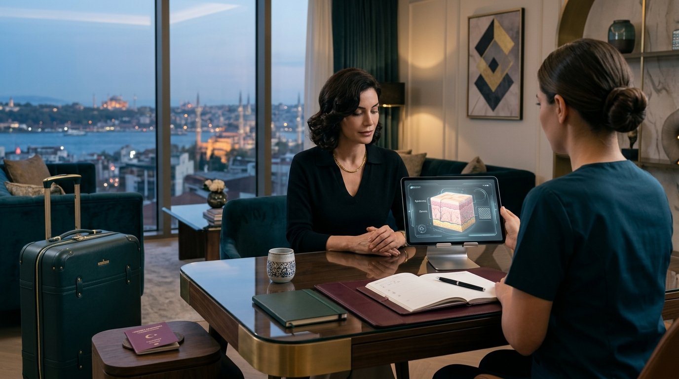 Istanbul treatment planning editorial with consultation notes, travel details and premium Nexja Experience atmosphere