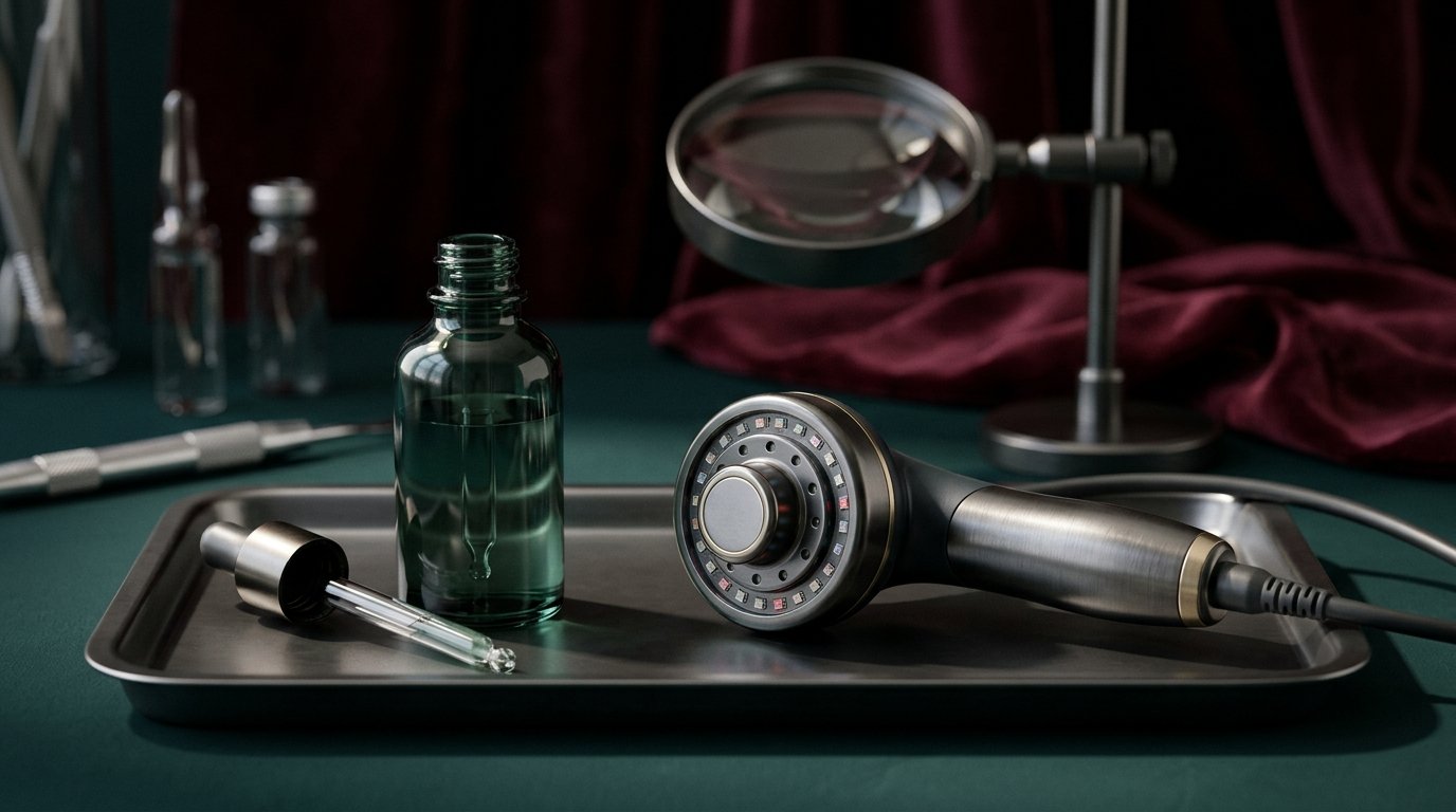 Professional skin-care consultation with unbranded serum and realistic non-invasive treatment technology
